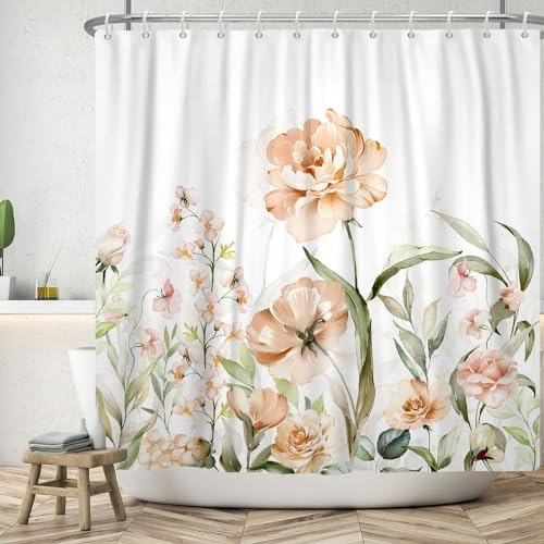 ASDCXZ Tenda da doccia a fiori, 180 x 180 cm, primaverile, dipinta a mano, rosa, verde, foglie bianche, per bagno, lavabile, in poliestere, impermeabile, per vasca da bagno con 12 ganci