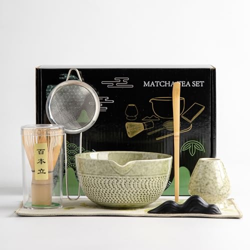 DWEHIXBUY matcha vispset ceremonitillbehör, matcha visp, traditionell skopa (Chashaku), tesked, visphållare, 1 teskål, 1 teskål, 7 st matcha-set. Matcha grönt matcha-kit