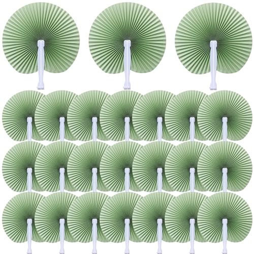 Pangda Confezione da 60 ventagli pieghevoli rotondi di carta con manico in plastica, per bomboniere e sacchetti (verde salvia)
