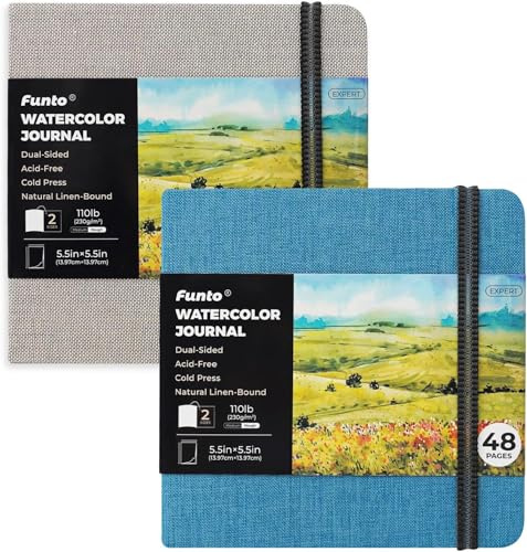 Funto Cuaderno de Acuarela, Cuadrado, Papel de Prensado en Frío a Doble Cara, 5,5 x 5,5, Portátil 2-Pack, 48 Páginas Cada Uno, con Banda Elástica, 110 lb/230gsm