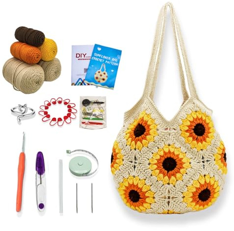 Anbaagsky Kit Uncinetto per principianti: Girasole Tote Bag Granny Square Crochet Tote Bag con tutorial video passo-passo