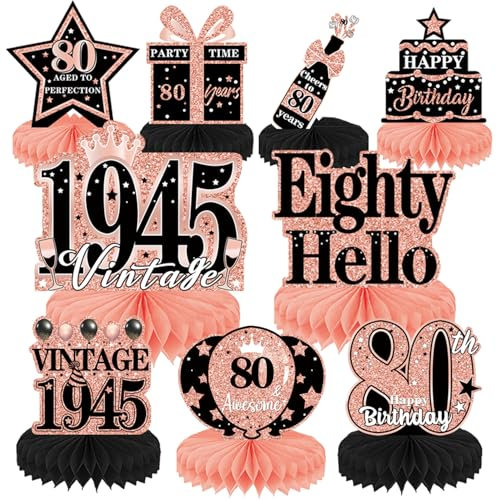 Luvart 80th Birthday Decorations Women - Rose Gold 9PCS Table Decorations for 80th Birthday Party Vintage 1945 Party Supplies for Woman Men Honeycomb Centerpieces Decor