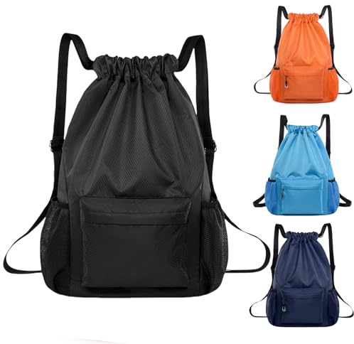 BAOWUABJ Drawstring Bags, String Backpack, Large Waterproof Sports Backpack for Kids Adults, Unisex, Swim PE Bags Drawstring Gym Bags Sports Backpacks Swimming Bags for School Travel Workout (Black)