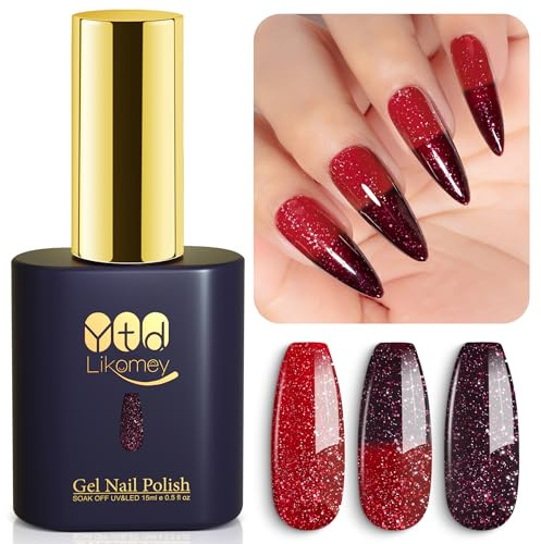 YTD Likomey UV Gel-lack Nagellack,15ml Glitter Ändrar Färg med Temperaturen Nagellack,Färgskiftande Manikyr Gel Polish,Kameleontfärg Gellack-Rött till Mörkt Körsbärsrött WB504