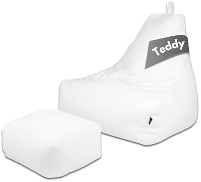 PatchHome Comfortline teddy sittsäck lounge fåtölj – gaming saccosäck set med fotpall – bekväm teddy fåtölj med fyllning (vit, XL – sittsäck pallset)