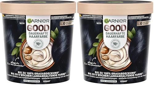 Garnier GOOD Dauerhafte Haarfarbe 1.10 Mitternachts-Schwarz – Coloration ohne Ammoniak, bis zu 100% Grauabdeckung, 1 Stk. (Packung mit 2)