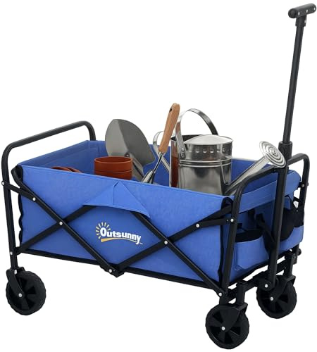 Outsunny 62L Festival Trolley on Wheels, Garden Folding Trolley Cart, 120kg Heavy Duty Collapsible Folding Wagon with Adjustable Handle and Carrying Bag for Beach, Camping, Festival, Blue