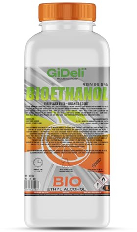 GiDeli Bioetanol 1 litro de aroma a naranja 96,6% etanol para chimeneas interiores y exteriores, sin humo ni hollín, de maíz y remolacha azucarera