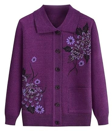 Cárdigan con Bolsillos para Mujer Grueso Y Cálido Suéter De Mediana Edad Bordado Tejido De Punto para Ancianos Solapa Tops De Manga Larga Chaqueta De Abuela Abrigo Morado L