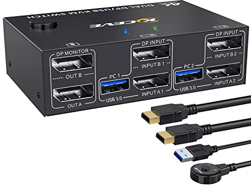 YOUTINGHDAV USB 3.0 KVM-switch 2 PC 2 bildskärmar displayport, KVM-switch dubbel skärm 4K@144Hz för 2 PC-delar 4 USB-enheter mustangentbord, med Wired Remote