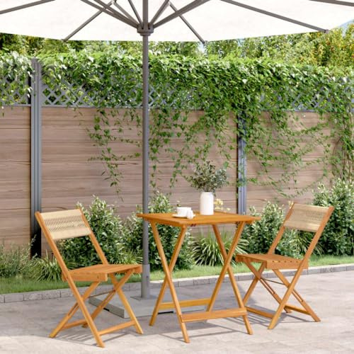 Set da bistrò beige, polipropilene e legno massiccio di acacia, 60 x 60 x 75 cm, pieghevole, per balcone, giardino, terrazza, robusto set di mobili da esterno per caffè e relax