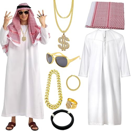 Costume de Cheikh Ensemble - Accessoires de Déguisement pour Cosplay et Jeu de Rôle,Costume du Moyen-Orient pour Hommes | Pour et Déguisement du Moyen-Orient pour Halloween Noël et Carnaval Fê