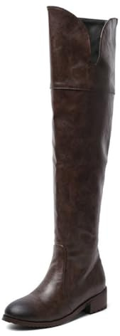 Wtharosa Kvinnor Knäskydd Läder Boots Dragkedja Sida Häl Bred Häl Vintage Stil Ridning Premium Höga Stövlar för Vintermode Party Kväll Streetwear, Mörk brun, 39 EU