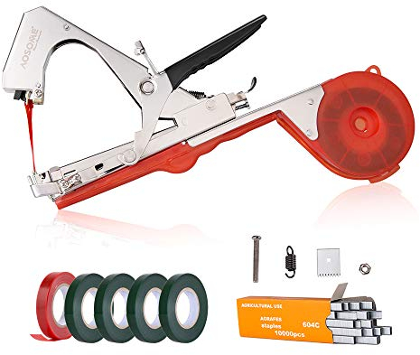 AOSOME Garten Bindezange Bandzange Bindemaschine - für Pflanzen (Rankhilfen Rebe, Trauben, Tomaten, Wein Obst) - mit 5 Klebebändern, 1 Packung Heftklammern