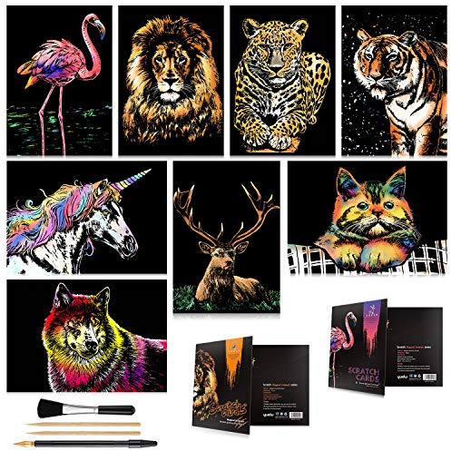 Scratch Art for Kids & Adults, Rainbow Engraving Painting Landscape Scratchboard(A4) Crafts Set: 8 Sheets Scratch Cards with 4 tools - Unicorn/Flamingo/Cat/Deer/Lion/Tiger/Leopard/Wolf(Animal Series)