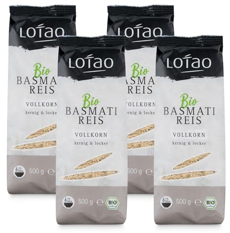 Lotao Bio Vollkorn Basmati Reis (4x 500g), Vollkornreis: nachhaltig + hochwertig, Fettarm & Ballaststoffquelle | Brauner Naturreis Langkorn mit erdigem Aroma, vielseitig für herzhafte Gerichte
