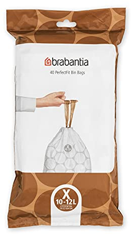 Brabantia 138041 PerfectFit Bin Liners (Size X/10-12 Litre) Thick Plastic Trash Bags with Tie Tape Drawstring Handles (40 Bags), White