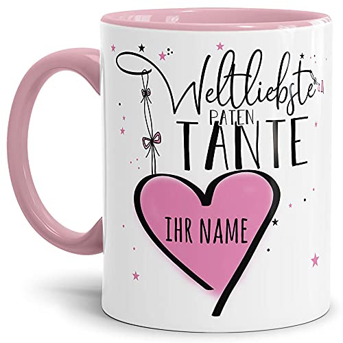 Tassendruck Keramik Tasse - Weltliebste Patentante - zum selbst gestalten mit Name - Geschenk für die beste Patentante - Innen & Henkel Rosa, 300 ml