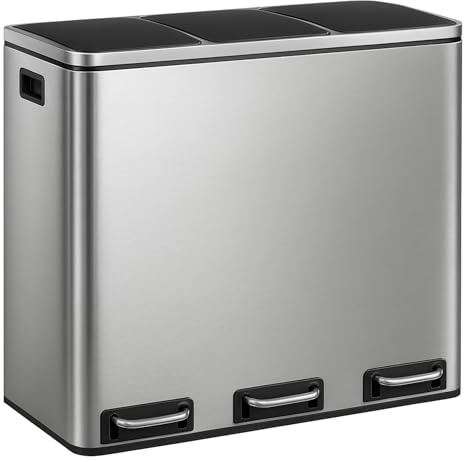 Floordirekt Mülleimer Küche 3×18L Edelstahl | 3-Fach Mülltrennung, Treteimer Küche, Metall, Soft-Close, luftdicht, Kunststoff-Inneneimer, Klappdeckel – (Felix)