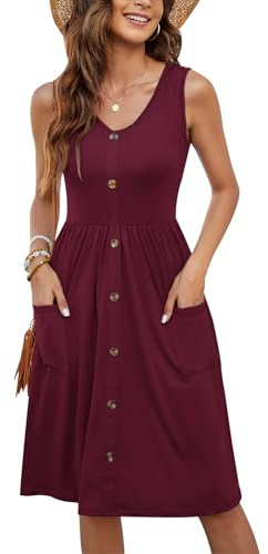 MOLERANI Vestidos Rojos para Mujer Casual Verano Sin Mangas Cintura Imperio Abotonada hasta una Línea Vestido (Rojo Vino,S)