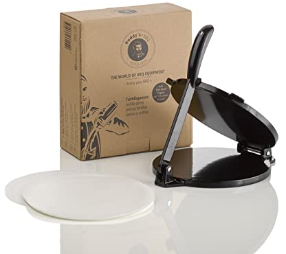 Buddy's BBQ - Pressa per tortilla, tortillas, tacos, enchiladas, burritos antiaderente in ghisa, nero, con 100 fogli di carta, Ø 20 cm