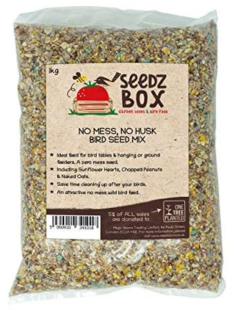 No Grow No Mess Bird Seed Food Mix For Wild Birds 1kg - Seedzbox No Husk Bird Food - Sunflower Hearts Chopped Peanuts and Naked Oats - Donation to OneTreePlanted