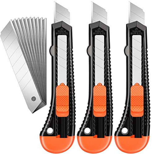 JOYUMY 3 Pack Utility Knife Box Cutter Retractable, Compact Box Knife for Cartons, Cardboard and Boxes, with 10 Piece 18mm Wider Snap-off Blade Razor Sharp Blade, Perfect for Office and Home Use