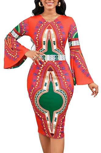 SxClub African Printing Dresses for Women Long Flare Sleeve Pencil Outfits