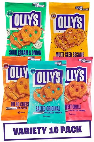 Olly's Pretzel Thins, New Variety Pack, 35g (Pack of 10), x2 Salted, x2 Multi Seeded, x2 Sour Cream, x2 Sweet Chilli x2 Cheesy, Low Calorie Snacks, Low Fat, Source of Fibre, No Preservatives