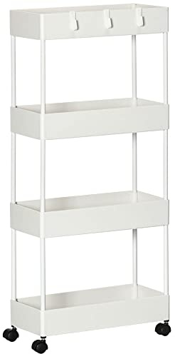 HOMCOM Carro de Cocina de Almacenamiento Delgado de 4 Niveles Carrito Auxiliar con Ruedas 4 Cestas y 4 Ganchos Extraíbles Carrito de Cocina para Comedor Baño Salón 40x19x90 cm Blanco