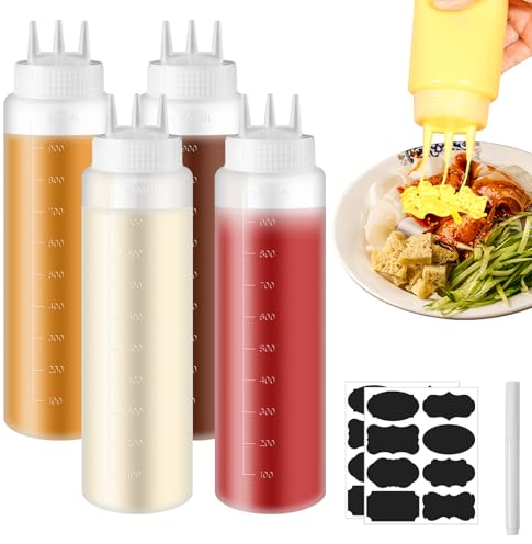 Vegena 4 Stück Quetschflasche 1000ml Squeeze Flasche, Quetschflaschen Aus Kunststoff Mit 3 Spritzdüsen, Aufkleber, Saucenflaschen Mit Messskala Spritzflaschen Für Saucen, Ketchup Und Salatdressing