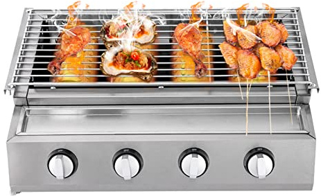 4 brännare, gasgrill, grill, grill, stekpanna, bordsgrill, rostfritt stål, gastrogryta med oljedroppskål, avtagbar grill, justerbar höjd för bakgård, trädgård, terrass, däck och balkong