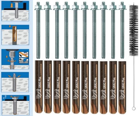 Schwerlastbefestigung SET M12x180mm VERZINKTER STAHL 5.8-10x Glaspatronen M12 + 10 Ankerstangen M12x180mm vz. + Zylinderbürste/Klebeanker Ankerstangen