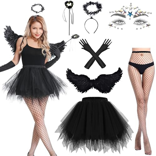 Aragallant 80CM Ali d'Angelo Nere, Diavolo Costume Donna, Costume da Angelo con Ali di Piume Aureola da Angelo Tutu Bacchetta Magica, Costumi Adulti Donna per Carnevale Halloween Cosplay (Black)