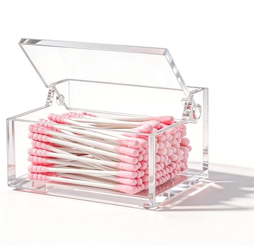 WORHE Acrylic Premium Cotton Bud Holder with Lid Bud Dispenser, Floss Picks, Cosmetic Storage Case, Home Bathroom Decor, Keep your Cotton Swabs Neat and Tidy-Size Medium-DP051