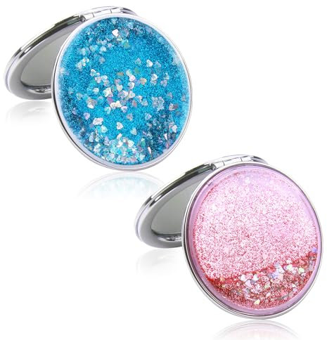 Taschenspiegel 2 Stück, Taschenspiegel Klappbar, Mini Spiegel, Glitzer Taschenspiegel Mini Runder Make-up Spiegel, Tragbarer Doppelseitig Kompaktspiegel für Make-up Camping Reisen, Rosa und Blau