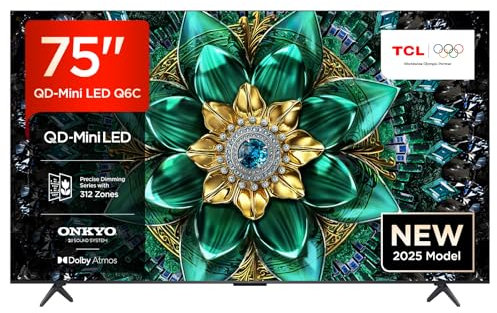TCL 75 Zoll 75Q6C QLED Mini LED Fernseher, 4K HDR Premium, Dolby Vision IQ & Atmos, Onkyo 2.1, Smart Google TV, Game Master, 144Hz Motion Clarity Pro, AMD FreeSync Premium Pro, HDMI 2.1, AirPlay 2