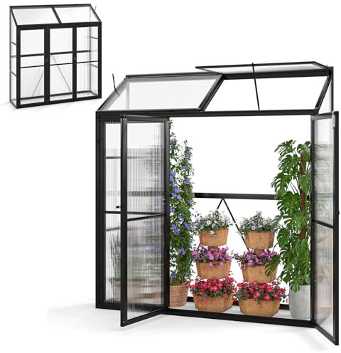 HOMASIS Gewächshaus mit 3 Ablagen, Anlehngewächshaus Tomaten mit 3 Türen & 2 Oberlicht, Aluminium Frühbeet Pflanzenhaus Winterfest, 180x52x190cm, Teibhaus Gartenhaus für Garten & Balkon, Schwarz