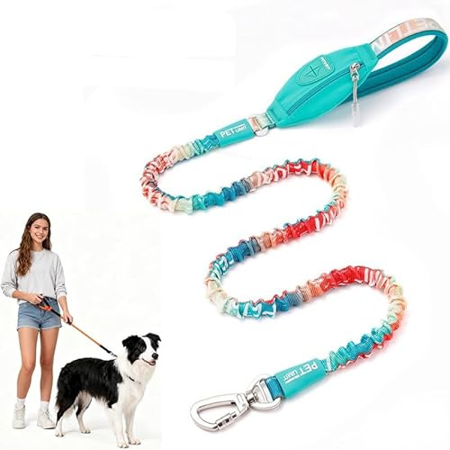 Upgraded Heavy Duty Bungee Dog Leash with Poop Bag Holder – Shock Absorbing Reflective Leash with Durable Nylon, Padded Handle & Alloy Clasp for All Dog Breeds, Retractable 3.8FT~5.8FT(Gradient Blue)