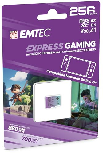 EMTEC - Carte MicroSDXC 256GB UHS-I U3 V30 A1 Express Gaming, Compatible Nintendo Switch 2, Haute Vitesse jusqu'à 880Mb/s, Stockage Étendu, Idéal pour Jeux et Applications, Fiable et Durable