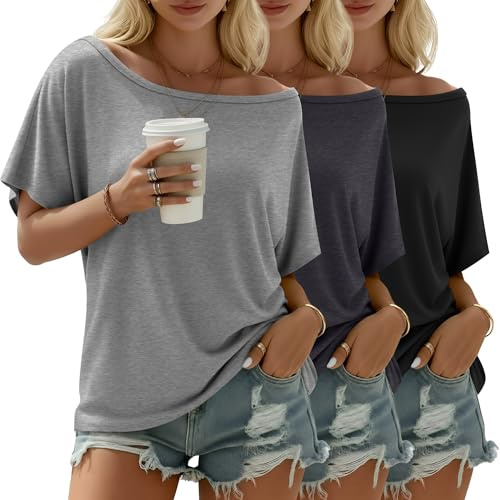 Riyiper Confezione da 3 Magliette da Donna con Spalle Scoperte, Top Ampi e fluidi a Maniche Corte, t-Shirt Casual estive(Grigio Chiaro, Grigio Scuro, Nero,S)