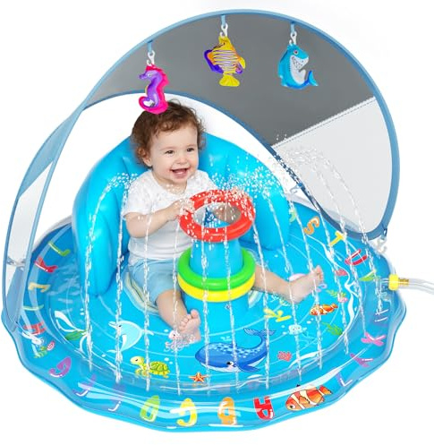 Qmioti Baby Splash Pad with Canopy, Inflatable Baby Pool with Sprinkler, Stackable Rings & Hanging Toys, Water Sprinkler for Kids, Summer Outdoor Water Play Toys for Baby Toddlers