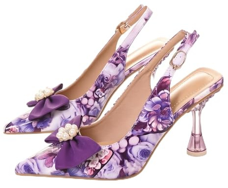Mujer Zapatos de Tacón 9CM Estampado Floral Lazo Perlas Strass Sexy Stilettos con Punta para Fiestas y Bodas (Morado,40)