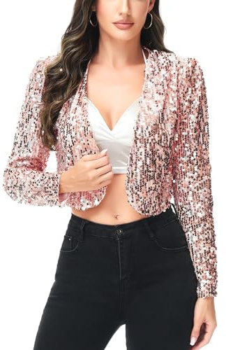 Anna-Kaci Womens Shiny Sequin Long Sleeve Glitter Cropped Blazer Bolero Shrug, Rose Gold, Medium