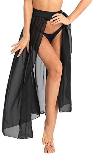CHICTRY Women's High Waisted Double Slits Chiffon Dress Flowy Long Maxi Skirts Beach Cover Up Black S