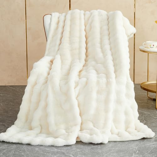 SHANNA Manta Sofa de Felpa de Conejo Super Suave Cálida, Gruesa Franela 1000 g/m² Manta Cama Multifuncional Esponjosa para Dormitorio Sofá Viajes Niños Camping Blanket(Blanco, 130 x 160 cm)