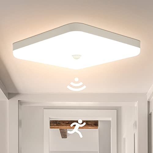 Combuh Led Taklampa med Rörelsesensor 30W 2400LM, IP56 Vattentät Badrumsbelysning, 3000K Varmvit, Takpanel för Garage, Hall, Trappor, Förråd, 25 x 25 x 4 cm