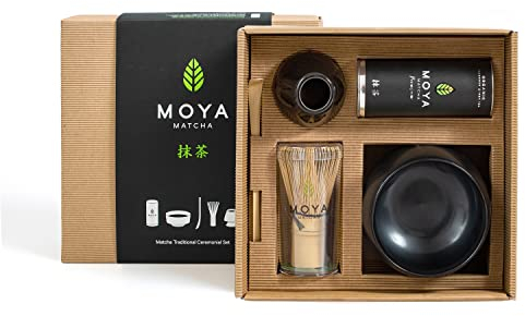 Moya Matcha set Juego de Té matcha Orgánico Japonés | 30g Premium Grado Ceremonial Matcha | Cuenco negro + Batidor + Soporte + Cuchara | Té matcha preparación Ceremonia del té japonés El Primero Grado