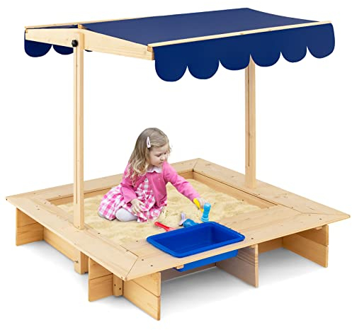 GOPLUS Bac à Sable en Bois de Sapin, Bac à Sable Carré avec Auvent Inclinable Réglable en Hauteur, Bac à Sable sans Fond avec Boîte de Rangement, Cadeau Parfait, pour Enfants de 3 à 12 Ans