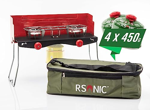 Rsonic Camping Gasgrill Gaskocher 2 - flammig klappbarer BBQ Campingkocher mit 2 Kochfelder mit Tasche für Balkon, Garten, Urlaub - Gas Kocher mit Kartuschen (Gaskocher mit 4 Kartuschen 450g)